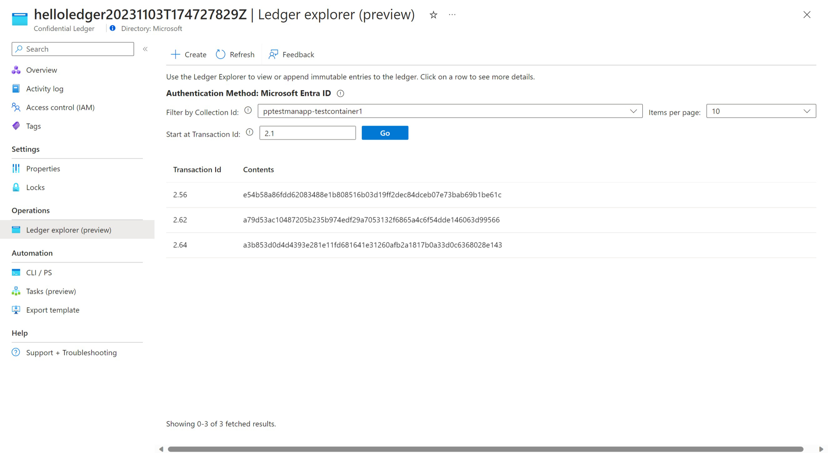 Captura de pantalla de Azure Portal en un explorador web que muestra el explorador de Azure confidential ledger con transacciones de hash.