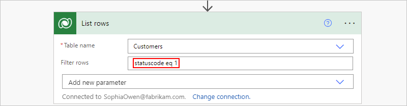 Screenshot shows Consumption workflow and property named Filter rows property with ODATA query.