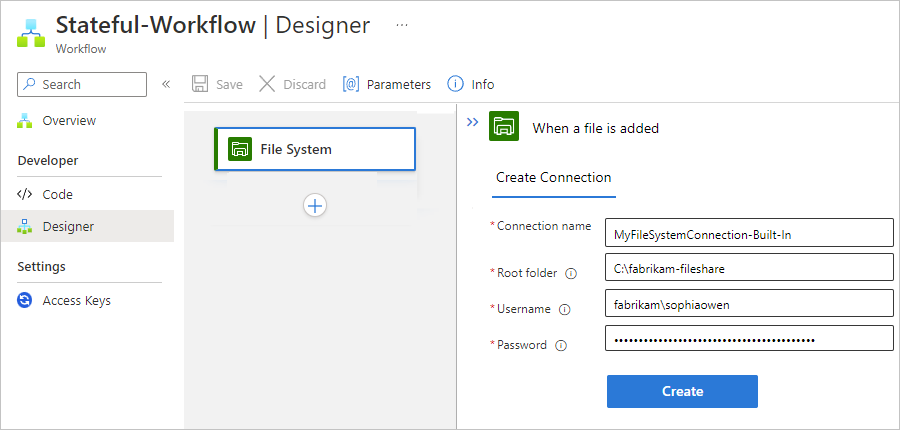 Captura de pantalla que muestra el diseñador de flujos de trabajo estándar y la información de conexión del desencadenador del conector integrado del sistema de archivos.