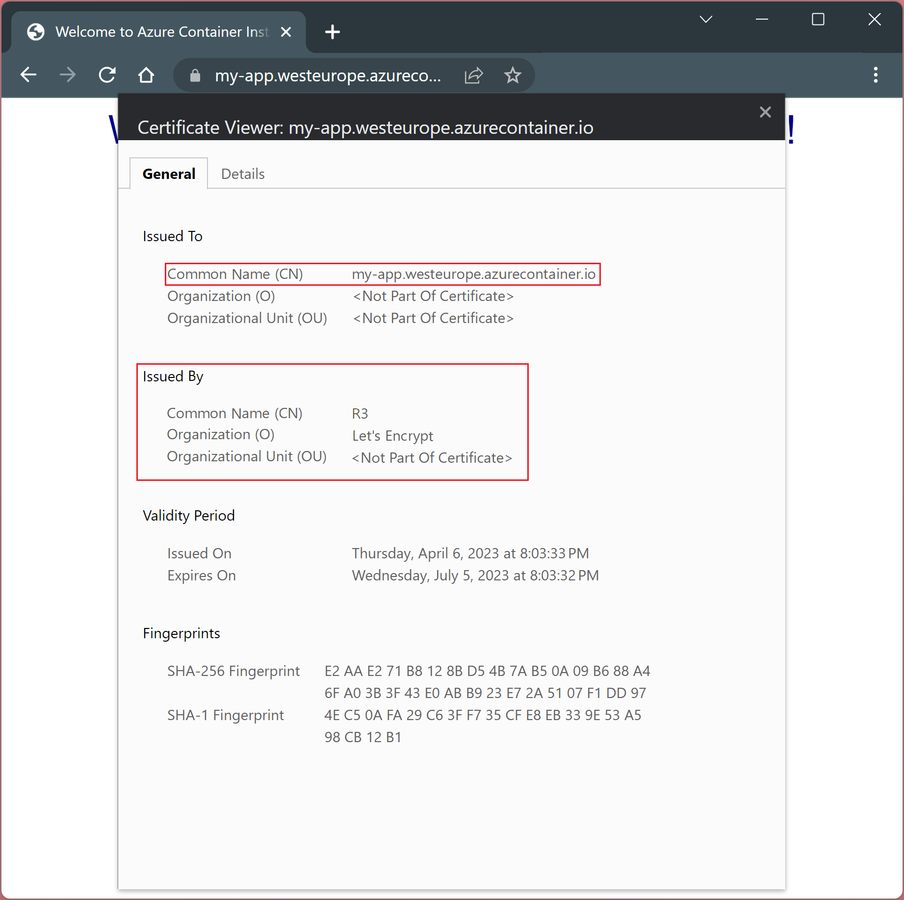 Captura de pantalla del certificado emitido por Let's Encrypt