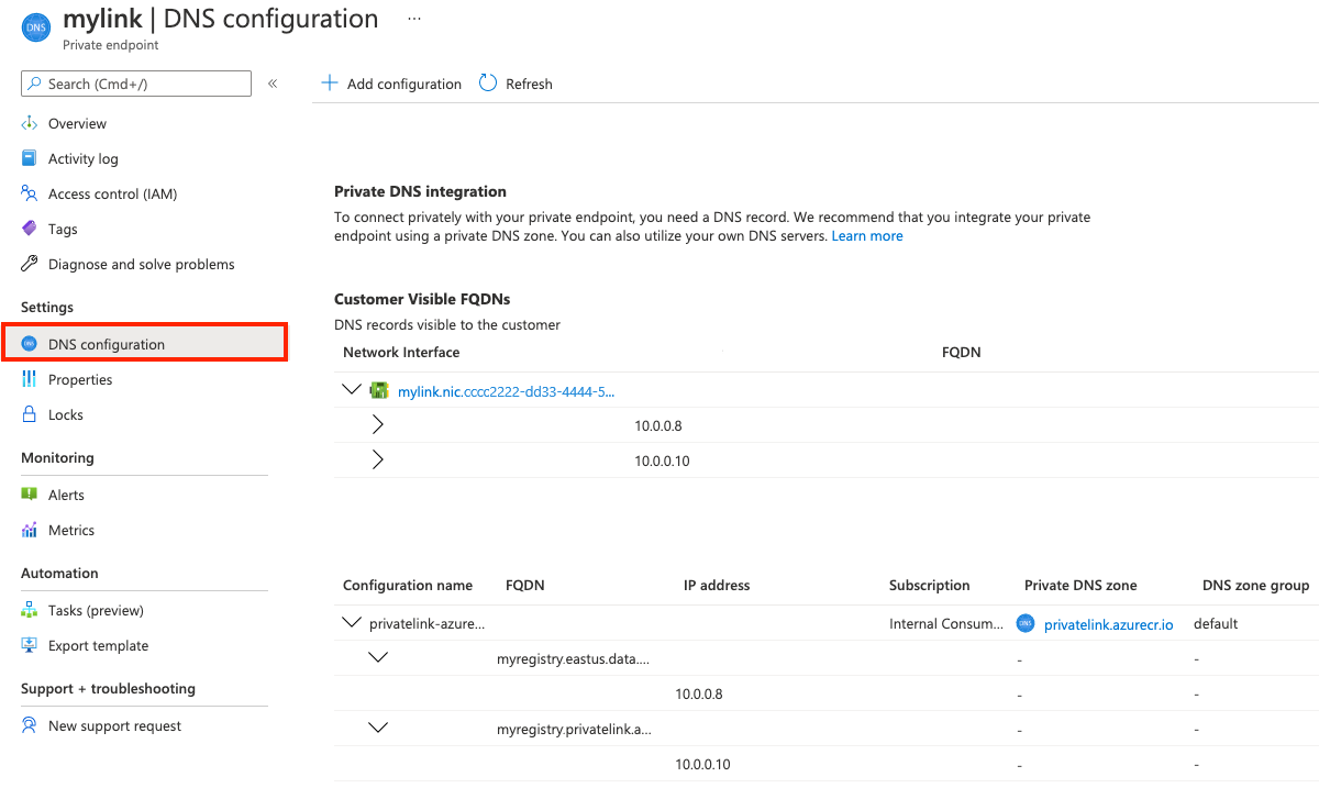 Configuración DNS del punto de conexión en el portal