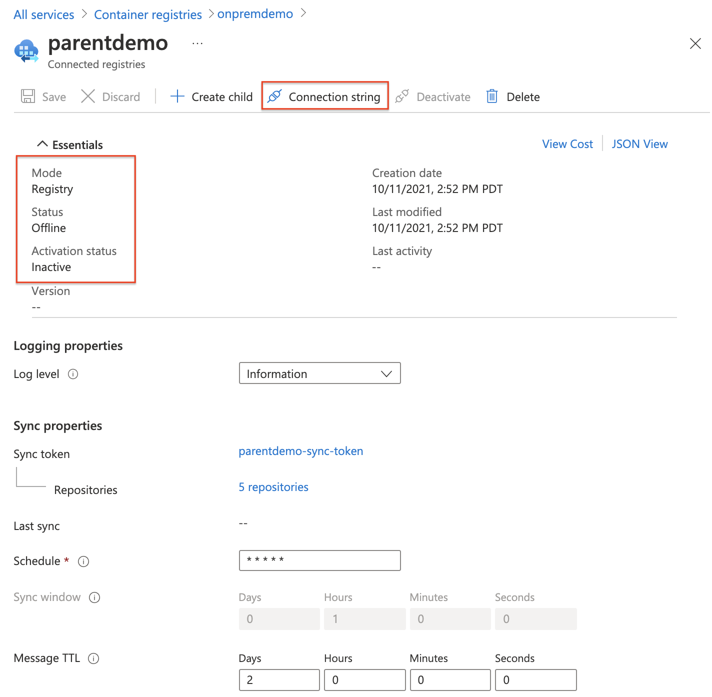 Visualización de las propiedades del registro conectado