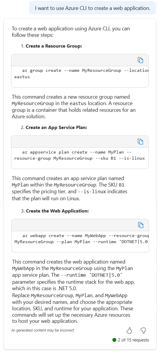 Captura de pantalla de Microsoft Copilot en Azure que proporciona comandos de la CLI de Azure para crear una aplicación web.