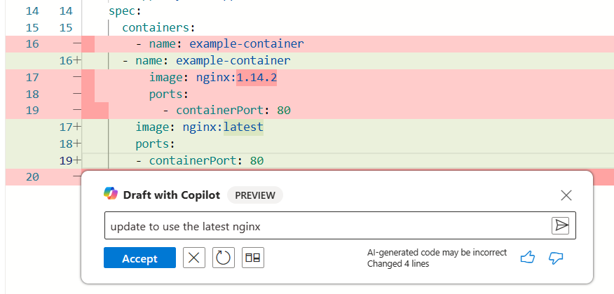 Captura de pantalla que muestra los cambios realizados en Microsoft Copilot en Azure en el archivo YAML.