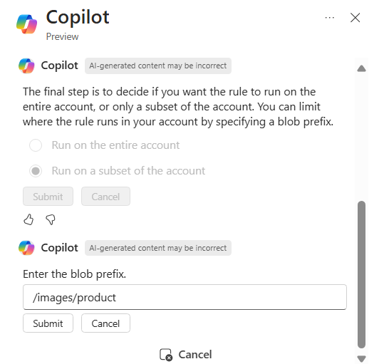 Captura de pantalla de Microsoft Copilot en Azure que confirma dónde ejecutar una nueva regla de administración del ciclo de vida