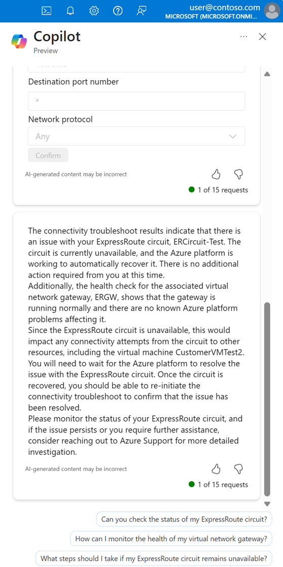 Captura de pantalla de Copilot que analiza la ruta de acceso de datos a la máquina virtual y muestra los posibles motivos del problema de conectividad.