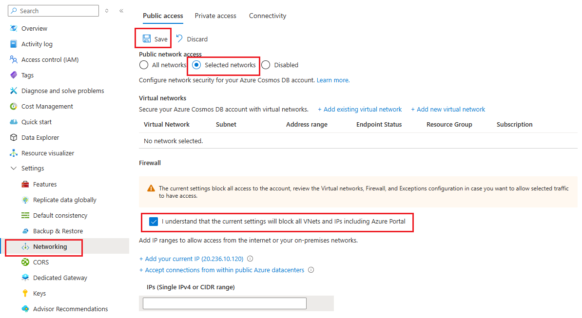 Recorte de pantalla de la configuración del firewall de red de Azure Cosmos DB en Azure Portal.