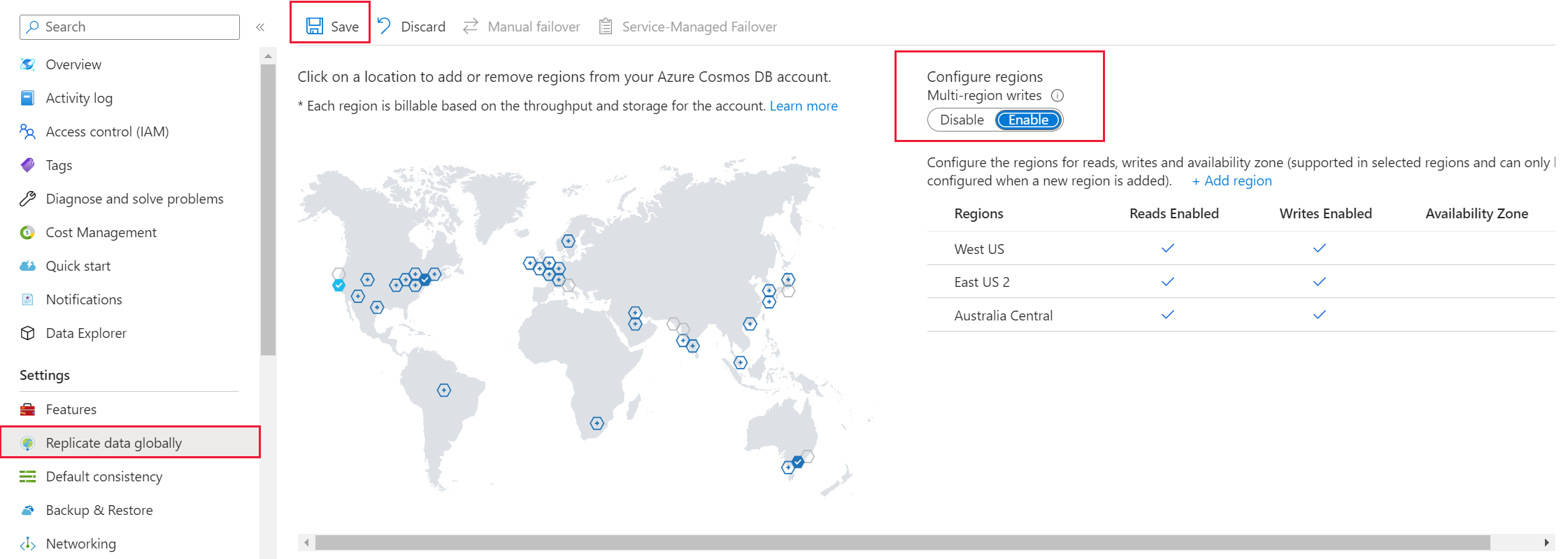 Captura de pantalla del menú Replicar datos globalmente, con las opciones Configuración de regiones y Guardar resaltadas.