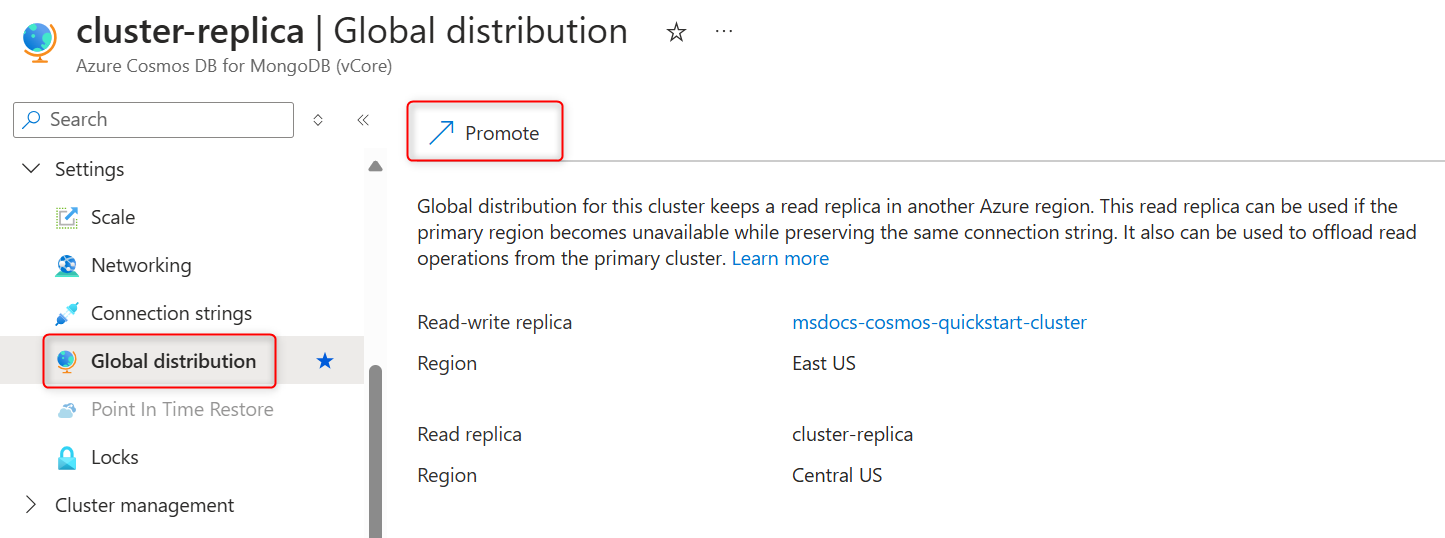 Recorte de pantalla de la página de distribución global del clúster de réplica de lectura con el botón Promover.