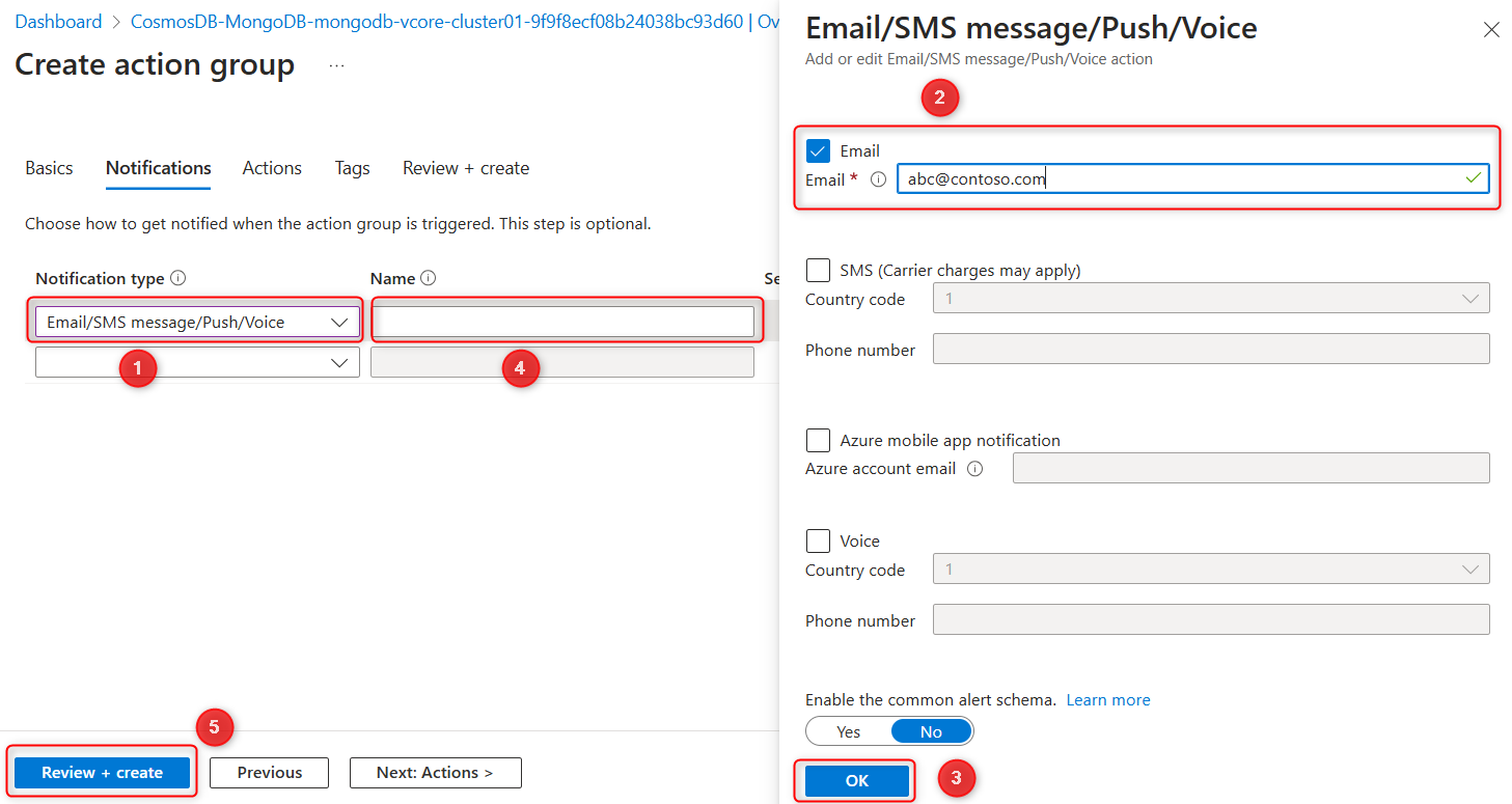 Captura de pantalla de la creación de notificaciones por correo electrónico en Azure Portal.