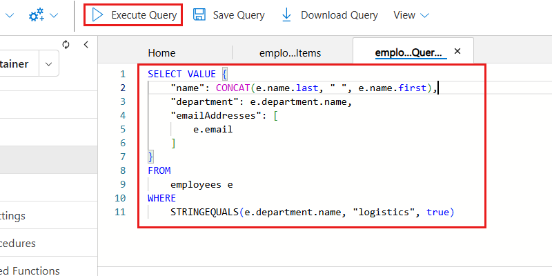 Captura de pantalla del texto de la consulta NoSQL en el Explorador de datos.