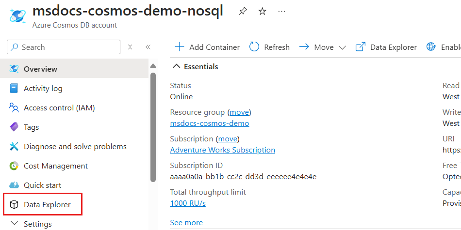 Captura de pantalla de la opción Explorador de datos en el menú de servicio de la cuenta