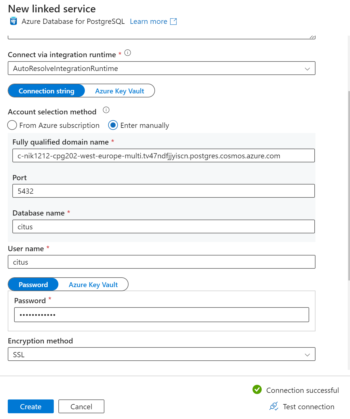 Captura de pantalla que muestra la configuración del receptor en Azure Data Factory.