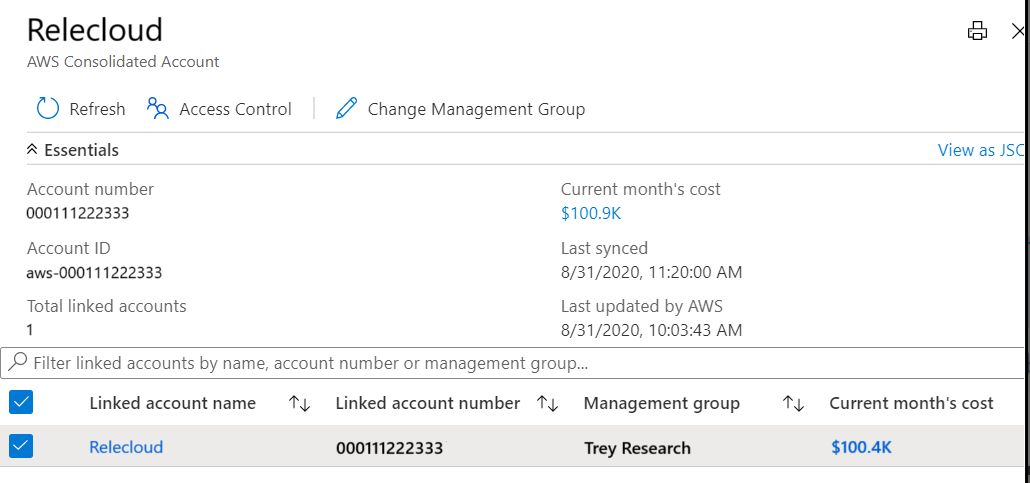 Captura de pantalla que muestra los detalles de una cuenta consolidada de AWS.