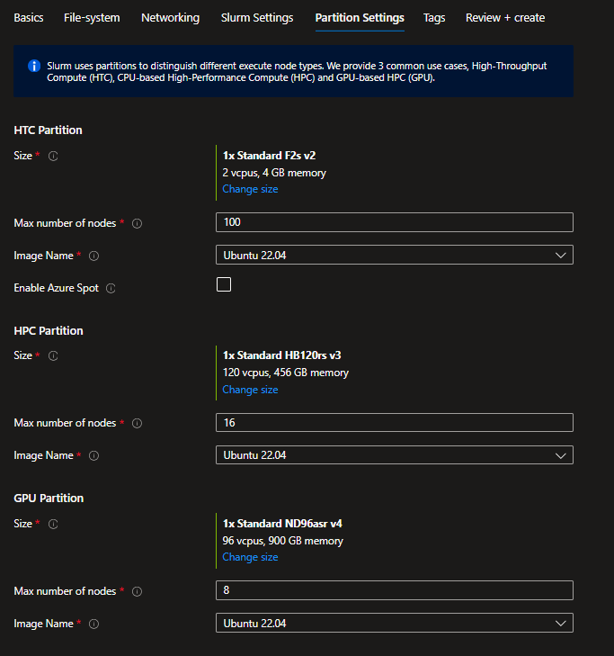 Captura de pantalla de las opciones de configuración de partición