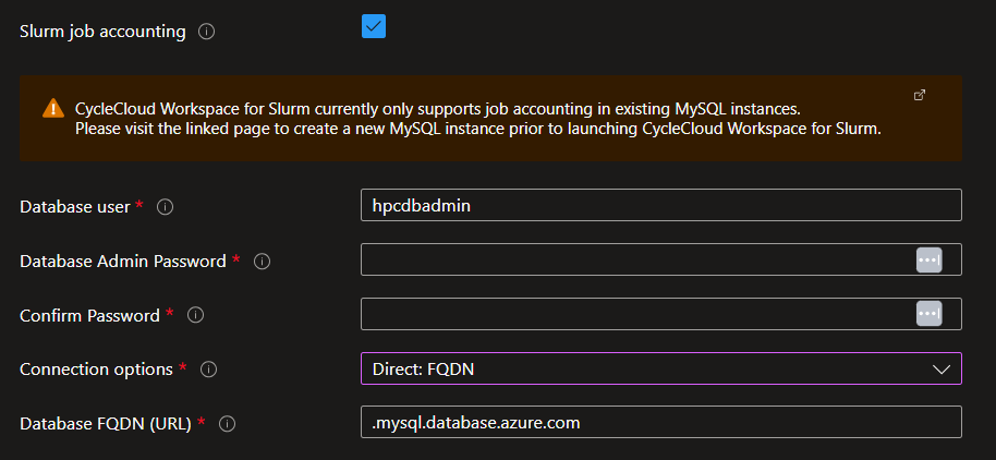 Captura de pantalla de las opciones de configuración de Slurm para la base de datos de contabilidad de trabajos con el punto de conexión privado