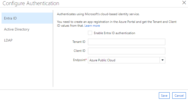 Menú Configuración de autenticación de Entra ID