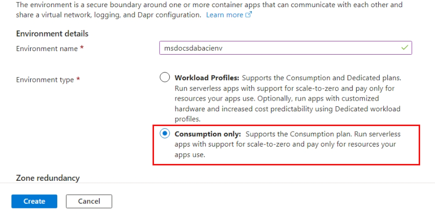 Screenshot of the 'Create Container Apps Environment' page's 'Basics' tab in the Azure portal.