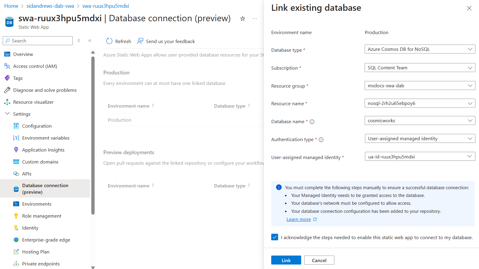 Captura de pantalla de la página de conexión de base de datos de una aplicación web estática en la Azure Portal.