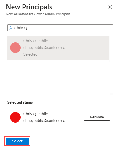 Captura de pantalla del panel Nuevas entidades de seguridad de Azure Portal. El botón Seleccionar y dos campos con propiedades de entidad de servicio indecipherables están resaltadas.