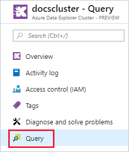 Captura de pantalla de un clúster de Azure Data Explorer en Azure Portal. El elemento Consulta está resaltado.