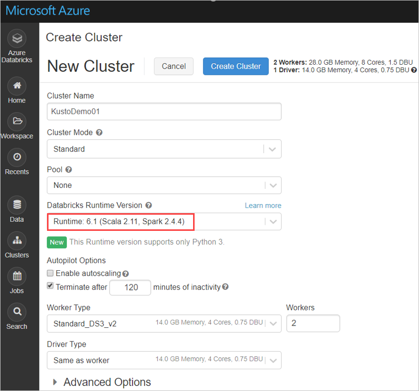 Configuración del clúster de Databricks.