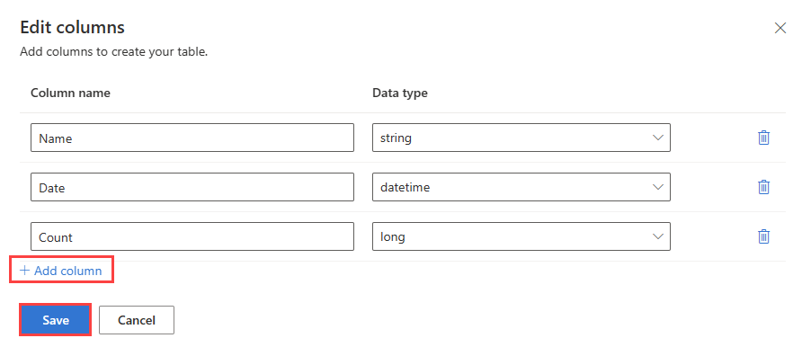 Captura de pantalla del panel Editar columnas, en la que se escribe el nombre de columna y el tipo de datos en Azure Data Explorer.