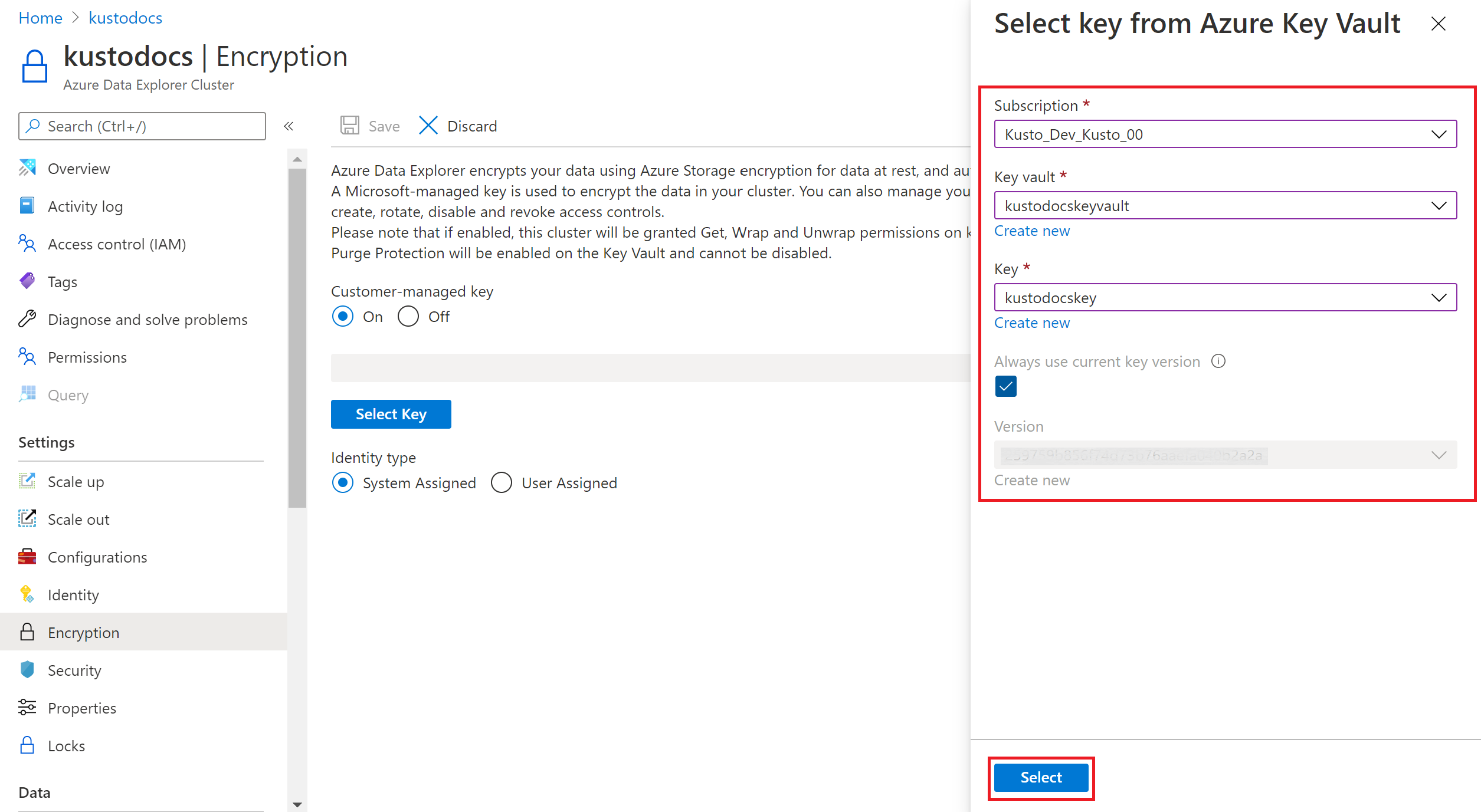 Captura de pantalla que muestra la tecla Seleccionar de Azure Key Vault.