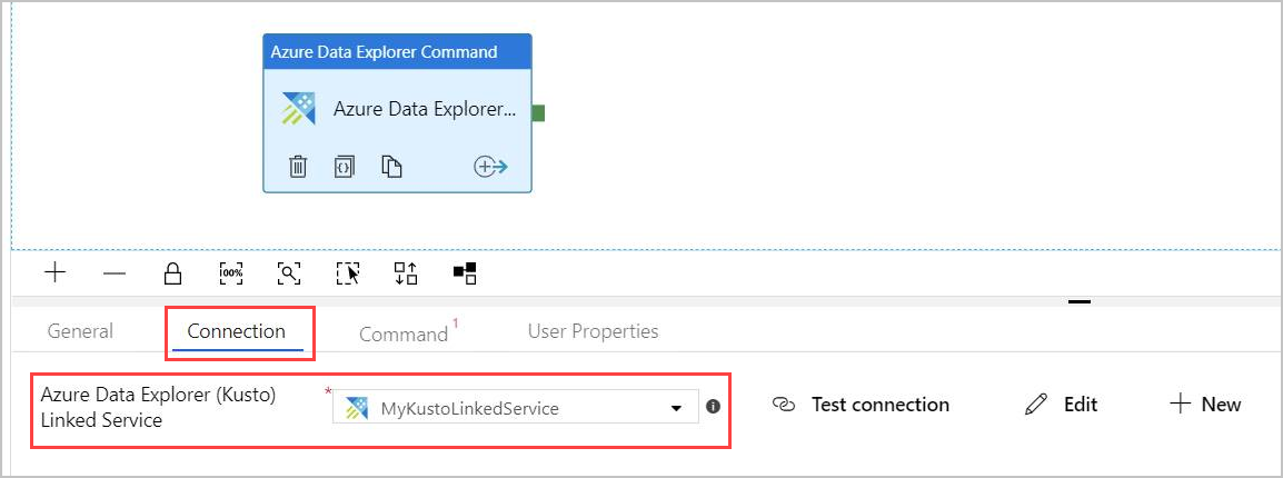 Pestaña de conexión de la actividad de comando de Azure Data Explorer.