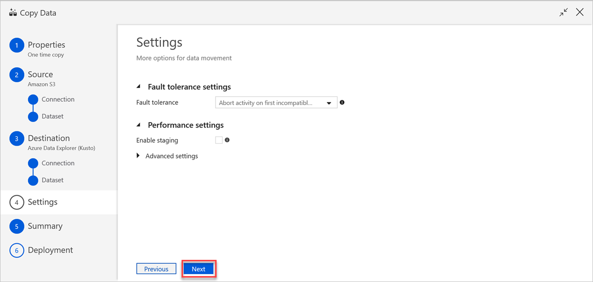 Panel de configuración de Copiar datos