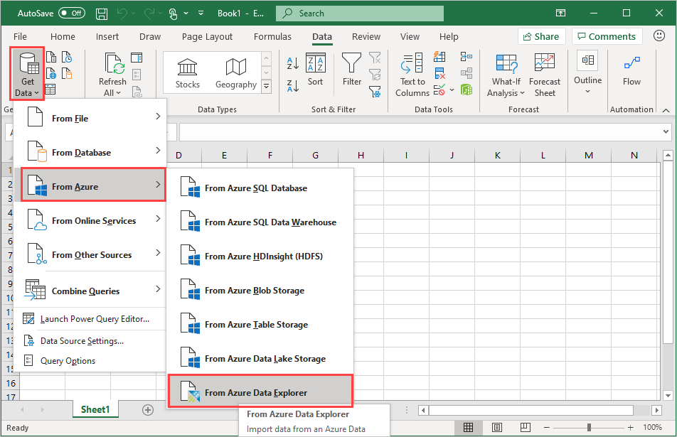 Captura de pantalla que muestra cómo obtener datos de la interfaz de usuario web de Azure Data Explorer.