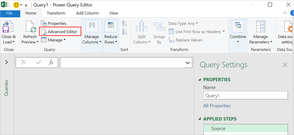 Captura de pantalla que muestra la ventana del editor de Power Query.