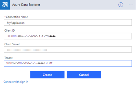 Recorte de pantalla de la conexión de Azure Data Explorer, en la que se muestra el cuadro de diálogo autenticación de la aplicación.