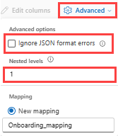 Captura de pantalla de opciones avanzadas de JSON.