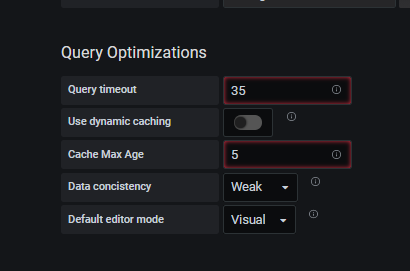 Captura de pantalla que muestra las propiedades que se pueden configurar en el panel de optimización de consultas.