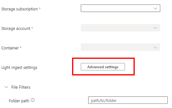 Captura de pantalla de la selección de las opciones de configuración avanzadas para el proceso de ingesta con la herramienta LightIngest.