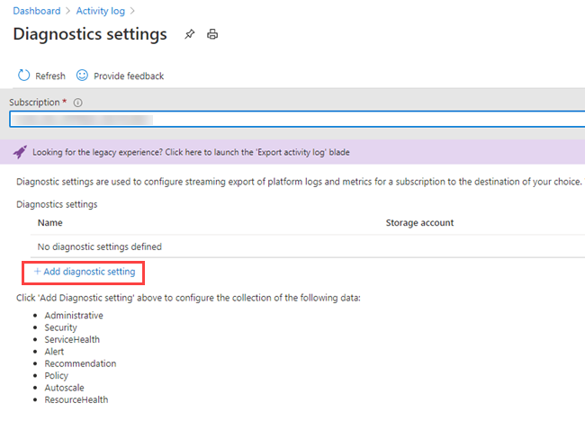 Agregar configuración de diagnóstico en la ventana Configuración de diagnóstico, portal de Azure Data Explorer