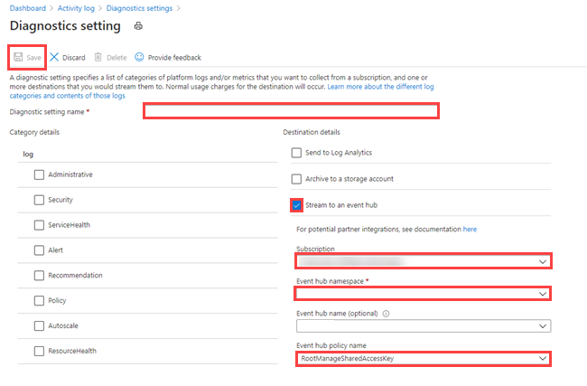 Ventana Configuración de diagnóstico con campos para rellenar: portal de Azure Data Explorer.