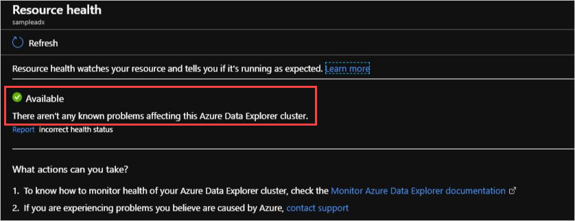 Captura de pantalla de una página de Resource Health para un recurso de Azure Data Explorer. El estado aparece como disponible y está resaltado.