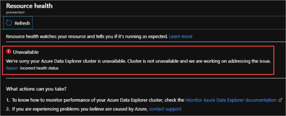 Captura de pantalla de una página de Resource Health para un recurso de Azure Data Explorer, con un estado de no disponible resaltado y vínculos para el soporte técnico y la información.