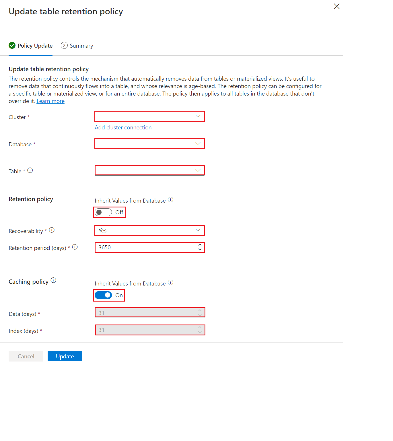 Captura de pantalla de la página de actualización de la directiva de retención de la tabla. Se deben rellenar los campos Clúster, Base de datos, Tabla y Directiva antes de proceder a la actualización.