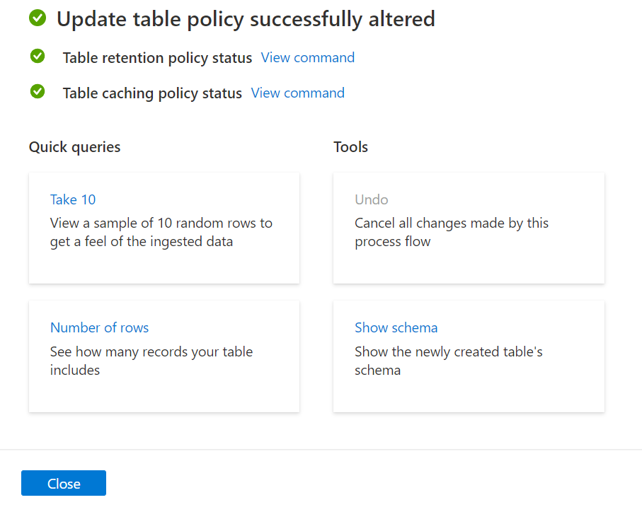 Captura de pantalla de la pantalla final del asistente para la actualización de la directiva de retención de la tabla para Azure Data Explorer.