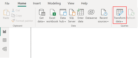 Captura de pantalla de la pestaña Inicio de Power BI Desktop, con la opción de pestaña Inicio titulada Transformar datos resaltados.