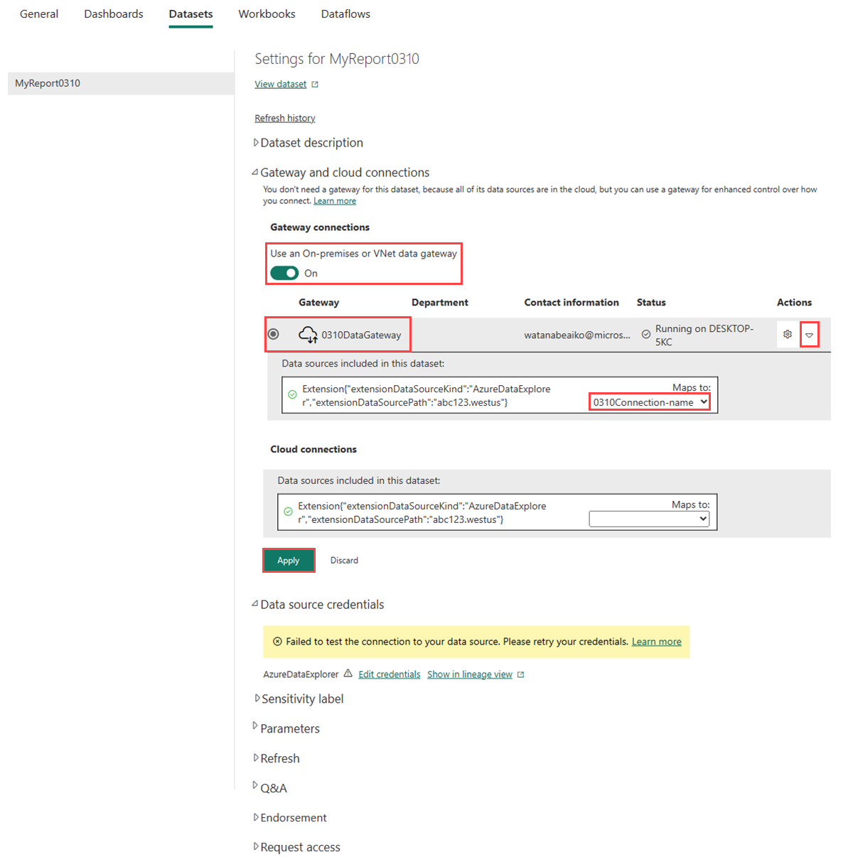 Captura de pantalla de la configuración del conjunto de datos que muestra la puerta de enlace configurada y las conexiones en la nube.