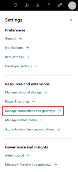 Captura de pantalla del panel Configuración del servicio Power BI. La opción denominada Administrar conexiones y puertas de enlace está resaltada.