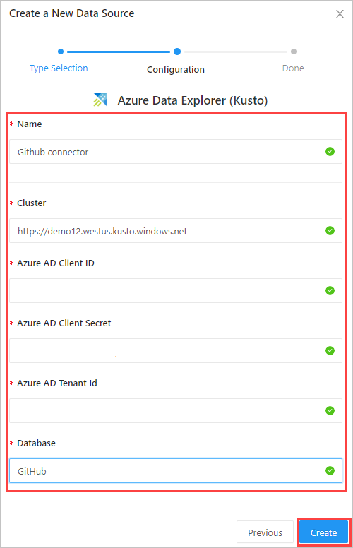 Ventana de configuración Azure Data Explorer (Kusto).