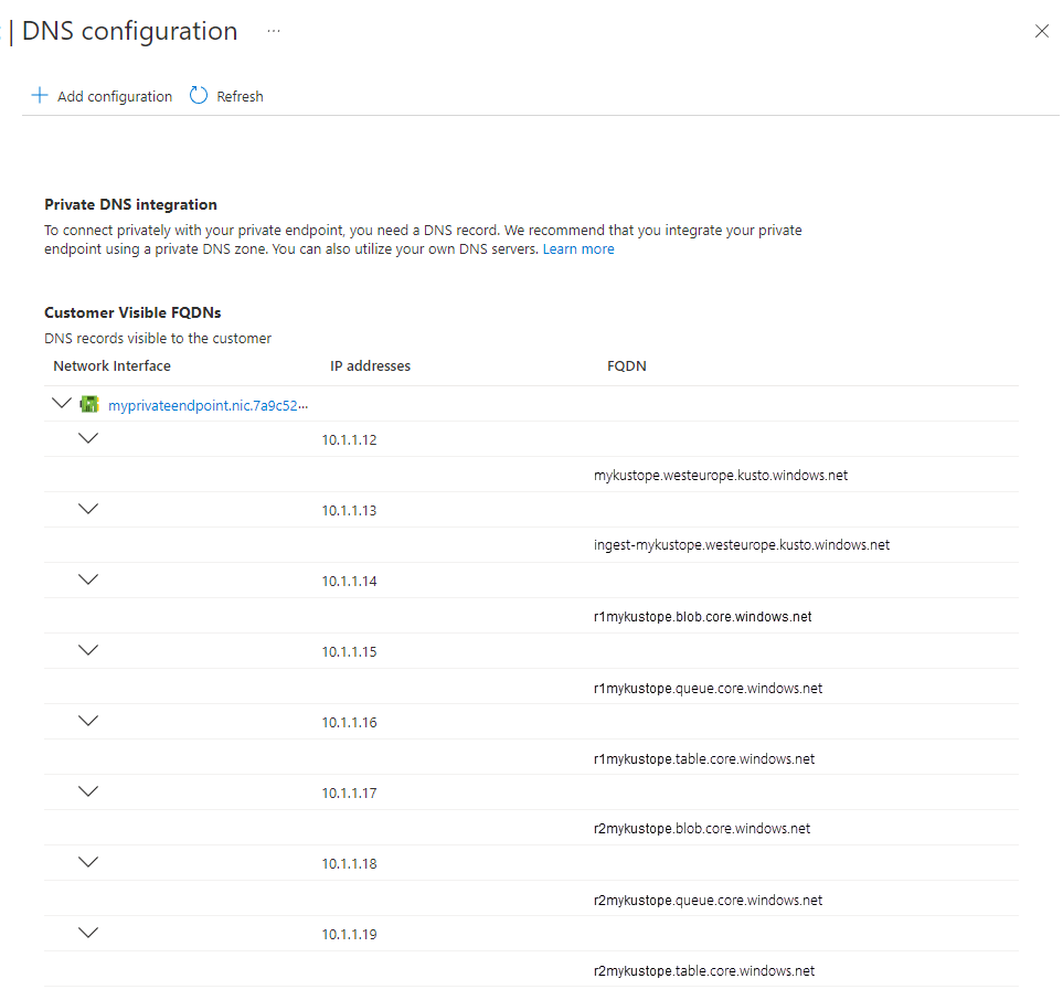 Captura de pantalla de la página de configuración de DNS que muestra la configuración de DNS del punto de conexión privado.