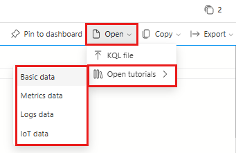 Captura de pantalla que muestra el menú desplegable de la interfaz de usuario web de Azure Data Explorer para elegir tutoriales de ejemplo en la ventana de consulta.