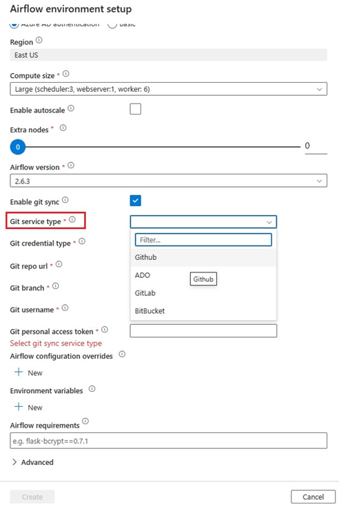 Captura de pantalla que muestra la lista desplegable selección de tipos de servicio de Git en el cuadro de diálogo de configuración del entorno que aparece durante la creación de un entorno de ejecución de integración del Administrador de orquestación de flujo de trabajo.