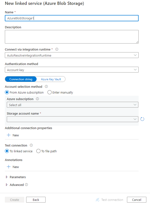 Captura de pantalla de la configuración del servicio vinculado de Azure Blob Storage.